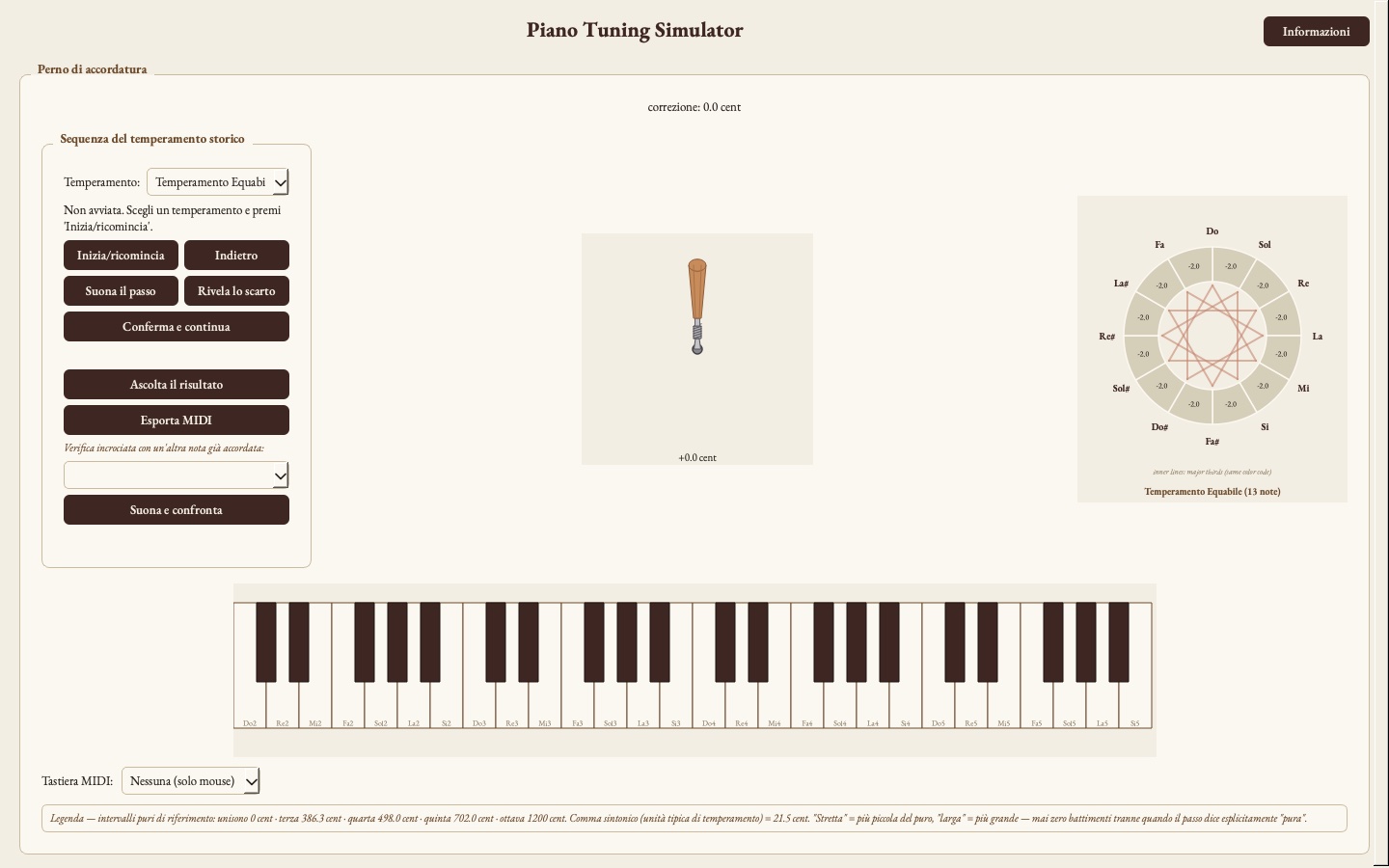 Interfaccia Piano Tuning Simulator — sequenza di accordatura con temperamento storico